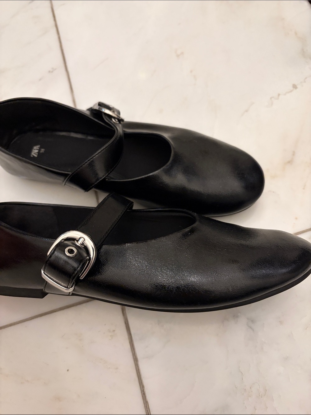 Black Mary Jane Leather Shoes with Buckle - 38